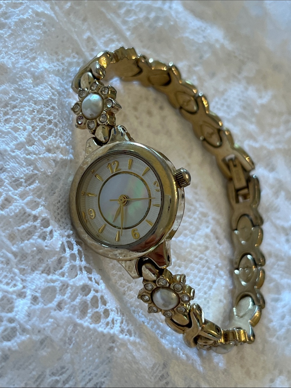 Gold-Tone Women’s Bracelet Watch with Pearl Accents